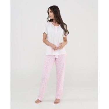 Imagem de Pijama Feminino Longo de Malha Macio com Flores Rosa Lohe, Rosa, M
