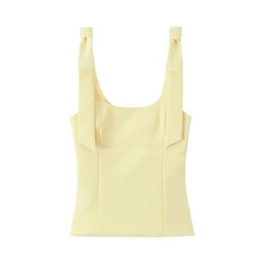 Imagem de Top Slim Amarelo Com Laço Para Mulheres, Camiseta Sexy E Chic Com Zípe