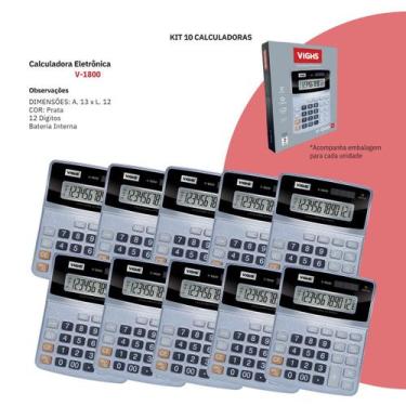 Imagem de Kit 10 Calculadoras V1800 12 Dígitos Prata - Vighs