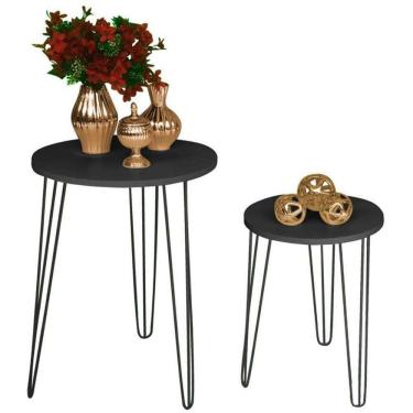 Imagem de Kit 2 Mesas Apoio Redonda Tampo Preto Pés Ferro Metal Preto