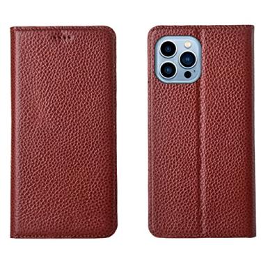 Imagem de GSYH Capa flip para iPhone 13 Mini/13/13 Pro/13 Pro Max, capa carteira de couro legítimo slots para cartão Kickstand TPU à prova de choque proteção magnética da câmera, marrom, 13 15,1 cm
