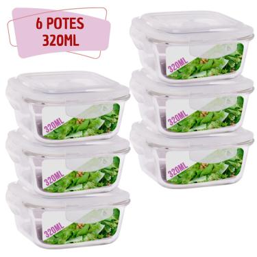 Imagem de Kit 6 Potes Tampa Hermetica Quadrado de Vidro 320ml Alimento