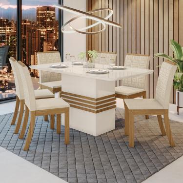 Imagem de Conjunto Sala de Jantar Tampo MDF com Vidro Canto Arredondado 160 Cm 06 Cadeiras Marilia Casa 812 - Nature com Off White e Linho