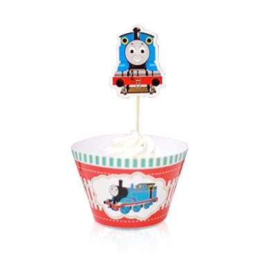 Imagem de Thomas Transport Conjunto de 12 peças de embrulho de cupcake e 12 topos de decoração para crianças, meninas, meninos, lembrancinhas de festa de aniversário, suprimentos de dezenas de conjuntos