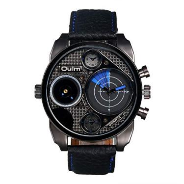 Imagem de Relógio de pulso masculino militar steampunk duplo fuso horário japonês movimento de quartzo relógio de pulso legal com pulseira de couro preto, Azul, Movimento de quartzo
