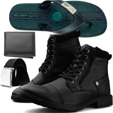 Imagem de Kit Bota Casual Touro Boots Masculina Preta + Cinto + Carteira + Chinelo sw Conforto Verde