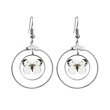 Imagem de Brincos de borboleta com asas brancas escuras, joia com argola e círculo