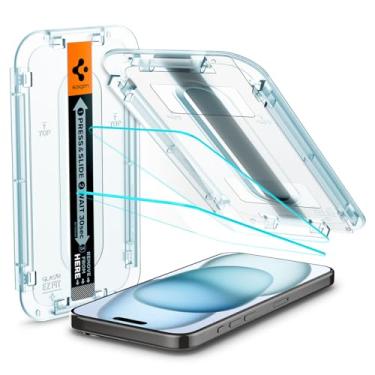 Imagem de Spigen Protetor de tela de vidro temperado [GlasTR EZ FIT] projetado para iPhone 15 [2 unidades]