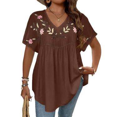 Imagem de Verdusa Túnica feminina plus size floral bordada com babados, manga comprida, peplum, Marrom, 3G Plus Size