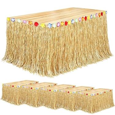 Imagem de Fovths Pacote com 6 saias de mesa com grama Luau natural de 2,5 m x 7,5 cm, saia de mesa havaiana para decoração de festa tropical havaiana, festa à fantasia, festa à fantasia, amarelo palha