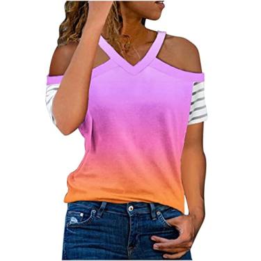 Imagem de Blusas femininas para treino, ombros de fora, plus size, manga curta, Y2K, blusas de algodão, camisetas recortadas, túnica básica, Roxa, XXG