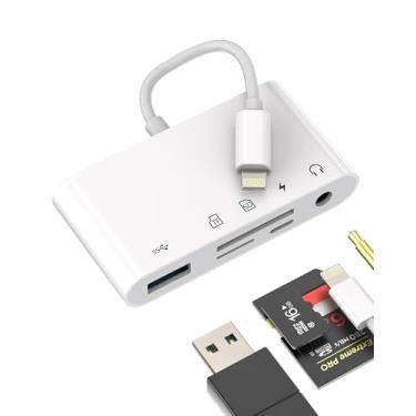 Imagem de Leitor de cartão de memória USB Micro SD TF para iPhone (5 em 1) Lightning Cable Charger Dongle certificado Apple MFI 3,5 mm fone de ouvido adaptador de entrada de áudio para carro cabo auxiliar flash