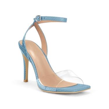 Imagem de Coutgo Sandálias femininas de salto transparente bico quadrado tira no tornozelo sexy salto alto stiletto sapatos sociais, Azul, 9