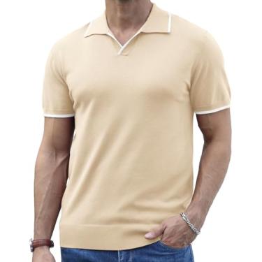 Imagem de Anelune Camisa polo masculina de malha casual, manga curta, gola V, camisetas macias de verão, Bege, XXG