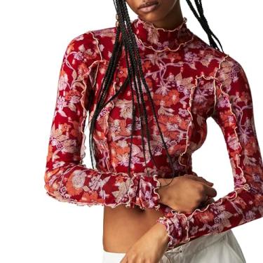 Imagem de Camiseta feminina Y2K com estampa floral de malha transparente, manga comprida, gola redonda, blusa justa sexy transparente, Vermelho transparente, M