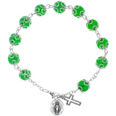 Imagem de Pulseira da década do terço | Contas de vidro em corrente prateada | Medalha milagrosa e pingentes de cruz | Ótimo presente católico para a primeira comunhão e confirmação, Medium, Vidro, Sem pedras