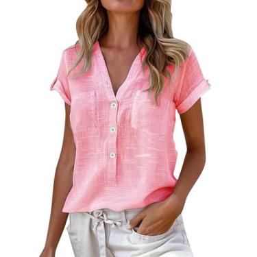 Imagem de Camiseta feminina de verão, linho, cor lisa, com botões, gola V, solta, casual, túnica de manga curta, Vermelho, M