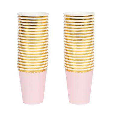 Imagem de Geeklife Copos de papel rosa claro com borda dourada recortada de folha metálica, copos de papel descartáveis decorativos dourados 297 g para casamento, festa, chá de bebê e coquetéis, 40 peças