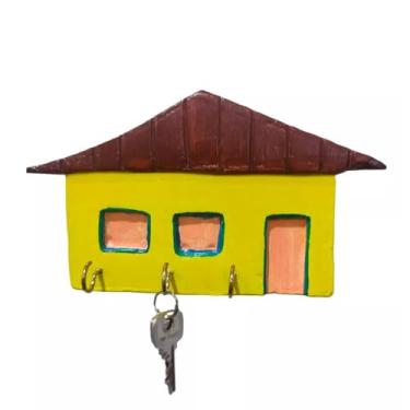 Imagem de Porta-chaves de parede Casinha Lar Feliz com 3 ganchos