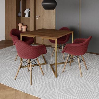 Imagem de Jogo de Mesa Industrial Base Dourada Tampo Quadrado 90cm Amêndoa com 4