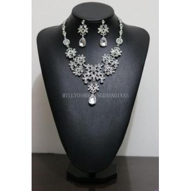 Imagem de Conjunto Colar e Brincos para Noivas Prata Strass C11 - Milly O Shoppi