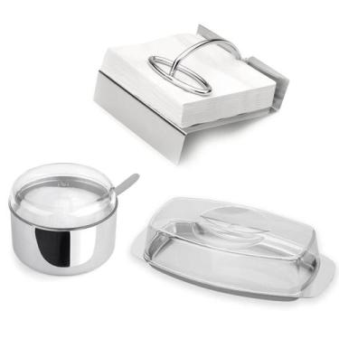 Imagem de Kit 3 pçs Açucareiro Manteigueira Porta guardanapo Inox Pote Multiuso 