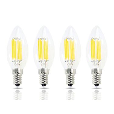 Imagem de Lamsky Lâmpada E14 em forma de vela de filamento LED, lâmpada base europeia E14, branco quente 2700K 600LM equivalente a 60W, C35 Clear Glass Torpedo Shape Bullet Top, não regulável (embalagem com 4)