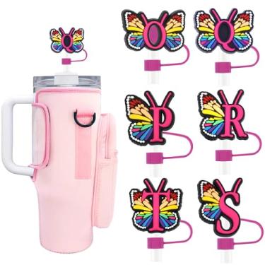 Imagem de Tampa de palha borboleta para copo Stanley, cobertura de canudo de silicone para cobertura com letra inicial Stanley, tampas reutilizáveis de canudo compatíveis com Stanley 40 e 890 ml