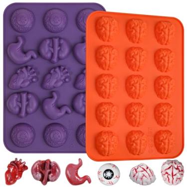 Imagem de Kamehame Molde de silicone em forma de cérebro para o dia das bruxas, molde de silicone de órgão de 15 cavidades em forma de cérebro, globo ocular, coração pulmões e estômago para chocolate, doces,