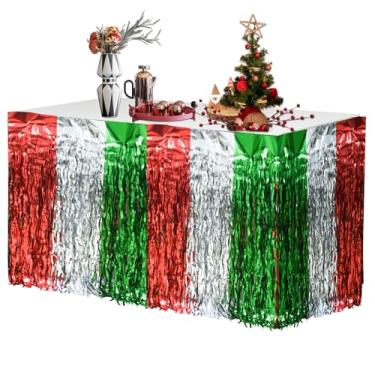 Imagem de 2 peças de saia de mesa de Natal, saia de mesa ondulada metálica com franja de folha de tinsel vermelha branca e verde brilhante saia de mesa descartável de Natal suprimentos de festa de Natal