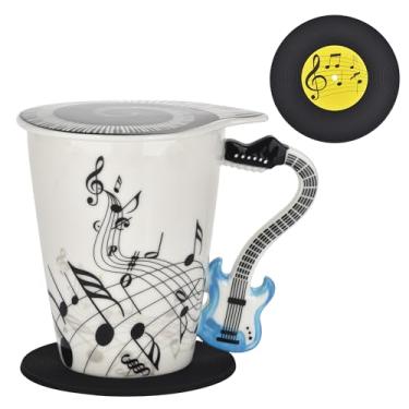 Imagem de BUYNEED Caneca de guitarra de 365 g, design de notas musicais, xícara de café com tampa e porta-copos temáticos legais, presentes para guitarristas, músico, professor de música, presente para amantes