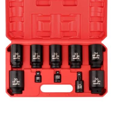 Imagem de EGOFIX Conjunto de soquete de porca de eixo de impacto de 1/5.1 cm, 10 peças, soquete métrico CR-MO 6 pontos 30,31,32,33,34,35,36 mm, com soquete de 3/20.3 cm - 1/5.1 cm, soquete de junta universal