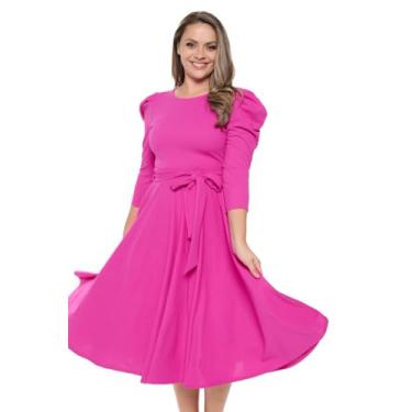 Imagem de Stylish FABRIC Vestido feminino de verão com manga 3/4 com bolsos para festas, formais e casuais, Magenta, 2X
