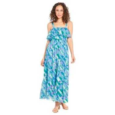 Imagem de London Times Detalhe maxi com babados e gola quadrada sem mangas | Vestidos de verão para mulheres, Branco macio/jeans claro, 38