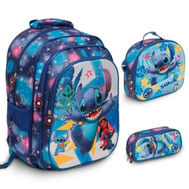 Imagem de Kit Mochila Stitch Infantil Com Lancheira Térmica Cor Azul - Plike