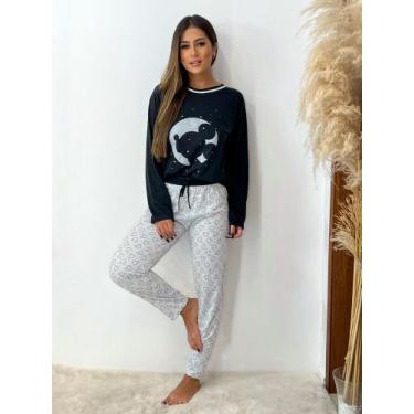 Imagem de Pijama feminino de malha manga longa com cós mickey na lua - sml, M