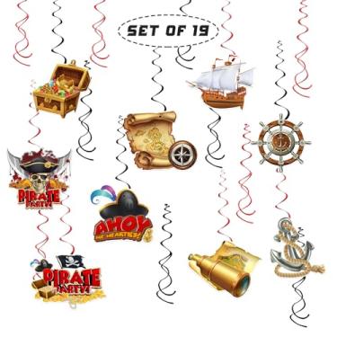 Imagem de 19 peças de decorações de redemoinho penduradas com tema pirata, treasure Ocean Adventure Streamers pendurados, caveira, marinheiro, capitão, festa de aniversário, decorações de teto