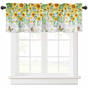 Imagem de Cortina de saia curta de borboleta de girassol, amarelo girassol borboleta verde deixa tratamento de janela xadrez para cozinha cortina de bolso para varão, para banheiro, quarto, sala de estar, 137