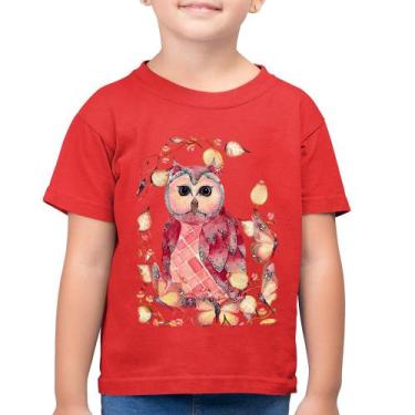 Imagem de Camiseta Algodão Infantil Coruja e Folhas - Foca na Moda, Vermelho, 12