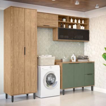Imagem de Lavanderia Modulada com 2 Aéreos, 1 Balcão e 1 Armário Multiuso Toscana 100% Mdf Freijó/Jade