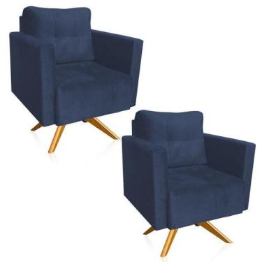 Imagem de Kit 2 Poltronas Giratória Livia Suede Azul Marinho Base De Madeira Ma3
