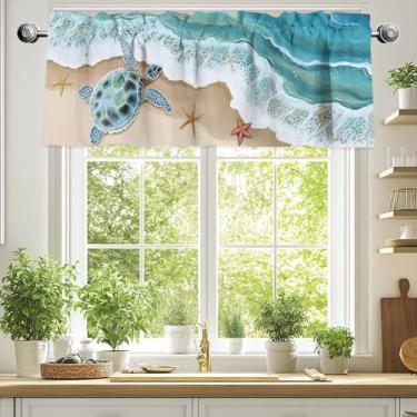 Imagem de Sanefas de praia de tartaruga oceânica para janelas, cortinas de saia com bolso de haste, 137 x 45 cm, spray de estrela-do-mar, leve, para decoração de cozinha e sala de estar, cortinas de janela,