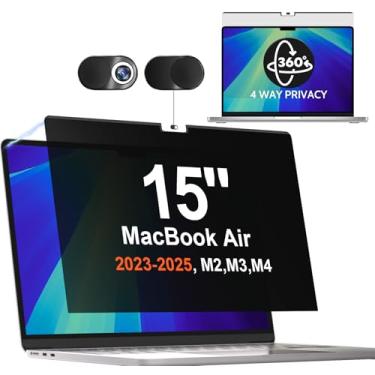 Imagem de Tela de privacidade magnética de 360° para Macbook Air de 15 polegadas (2023-2025, M2, M3, M4)), filtro de luz azul antirreflexo removível, protetor preto antiespião de 4 vias para laptop Mac Air 15