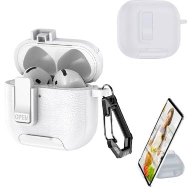Imagem de YSNZAQ Capa para AirPods 4 com chaveiro, fone de ouvido multifuncional com trava automática magnética, porta de carregamento, suporte de telefone à prova de poeira para AirPods 4 PW, branco