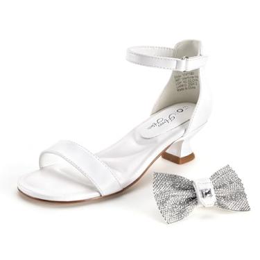 Imagem de Sandálias para meninas com laço removível, salto baixo, bico aberto, tira no tornozelo, florista, festa de casamento, princesa, branca, rosa, ouro, prata, preto, casual, confortável, ajustável, leve