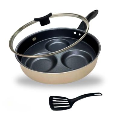 Imagem de Frigideira Antiaderente com 3 Cavidades para Ovos, 24cm, com Tampa de Vidro e Espátula, Dourada e Preta