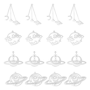 Imagem de DICOSMETIC 16 peças, berloque de sol e lua, pingente de satélite, espaço sideral, planeta, pingente de estrela vazada, estrela na nuvem, berloque de aço inoxidável para brincos faça você mesmo, colar