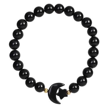 Imagem de Nupuyai Pulseiras de pedra de cristal de 8 mm para mulheres e homens, pulseiras elásticas com estrela da lua, regular, Obsidiana, pedra de obsidiana