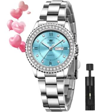 Imagem de OLEVS Relógios femininos diamante com data, couro de luxo, à prova d'água, relógio de pulso analógico, vestido de aço inoxidável, calendário luminoso, relógio feminino, mostrador verde/prata/vermelho
