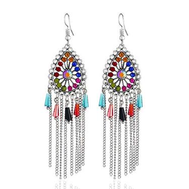 Imagem de DIAMANTIO Brincos de candelabro de cristal multicolorido boêmio – Brincos vintage étnicos pendentes de gota com miçangas, franja de corrente e declaração elegante., Large, Latão, Sem pedra preciosa